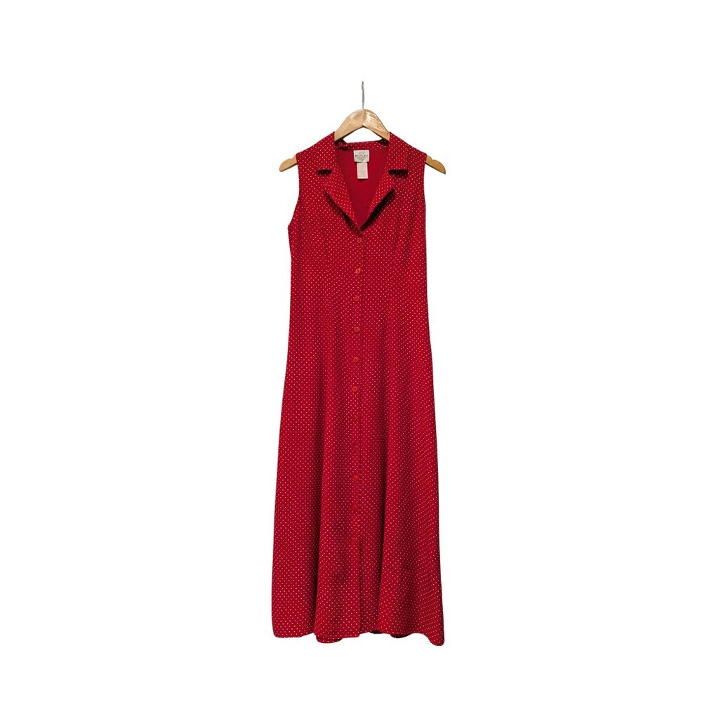 Vintage 90s Bentley Red Polka Dot Button Front Maxi Dress Tie Back M - Picture 2 of 7